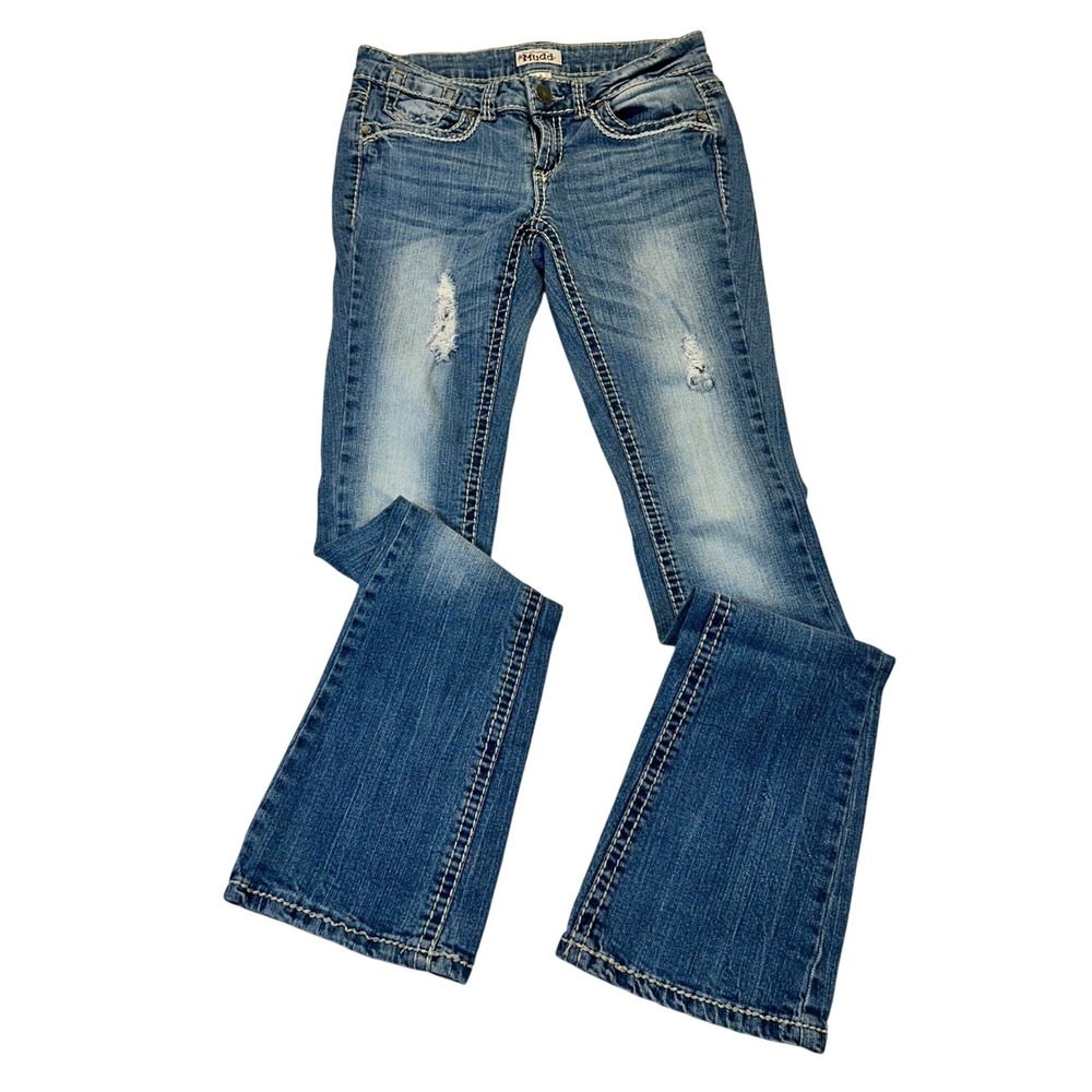 Mudd Bootcut Jeans Women Size 3 Blue Distressed Y2K Western Contrast Stitch